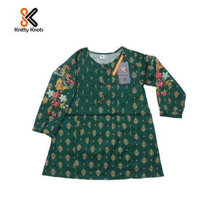 Green Ethnic Printed Embroidered Kurti with Trouser - Girls Eastern Wear