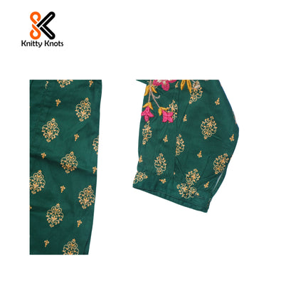 Green Ethnic Printed Embroidered Kurti with Trouser - Girls Eastern Wear