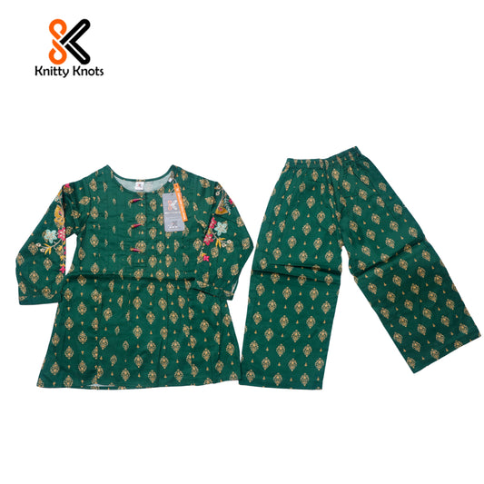 Green Ethnic Printed Embroidered Kurti with Trouser - Girls Eastern Wear