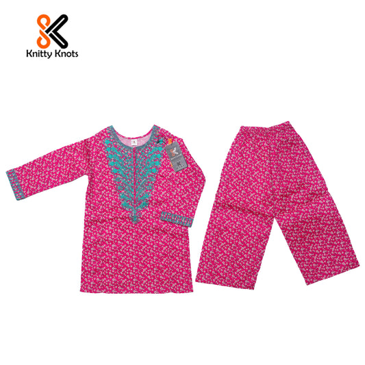 Fuchsia Bloom Pink Embroidered Kurti with Trouser - Girls Eastern Wear