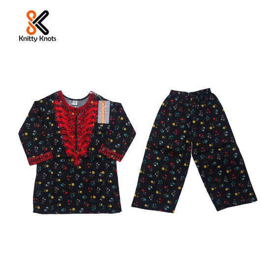 Chic Black Printed Embroidered Kurti with Trouser - Girls Eastern Wear