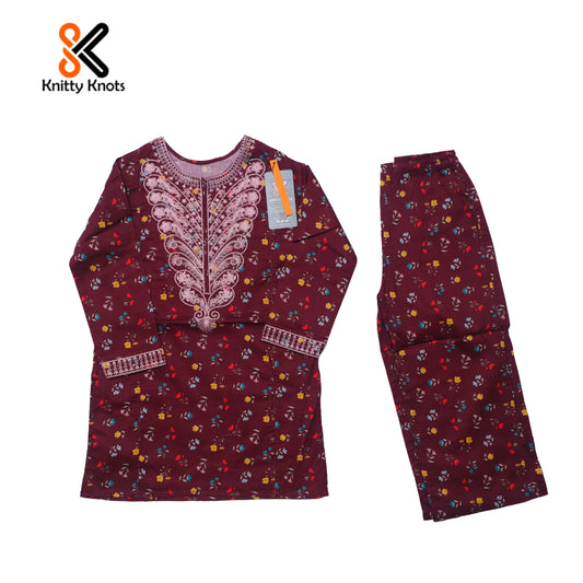 Maroon Floral Bloom Embroidered Kurti with Trouser - Girls Eastern Wear
