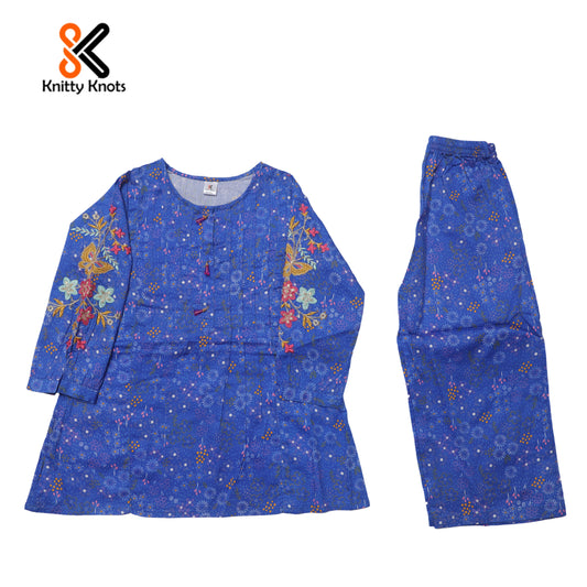 Blue Floral Tunic Embroidered Kurti with Trouser - Girls Eastern Wear