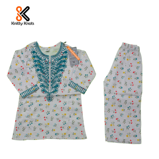 Floral Grace White Embroidered Kurti with Trouser - Girls Eastern Wear